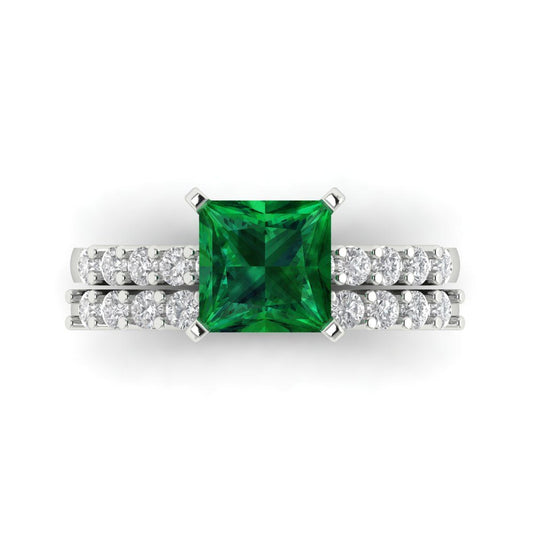 2.63 cttw Princess Cut Simulated Emerald Bridal Set - Solid White Gold Engagement Ring & Wedding Band