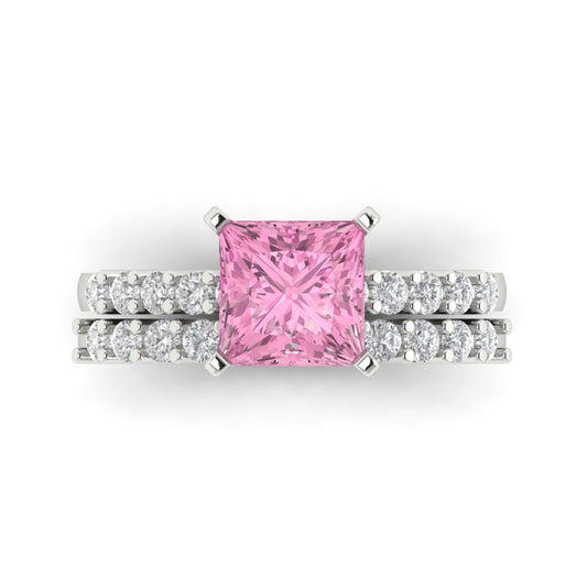 2.63 cttw Princess Cut Simulated Pink Diamond Bridal Set - Solid White Gold Engagement Ring & Wedding Band
