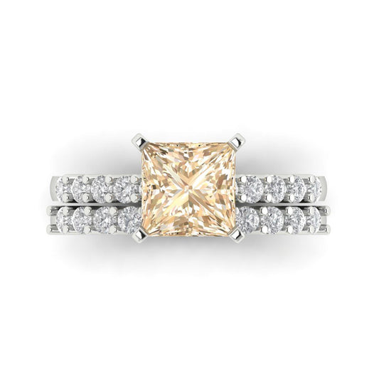 2.63 cttw Princess Cut Natural Morganite Bridal Set - Solid White Gold Engagement Ring & Wedding Band