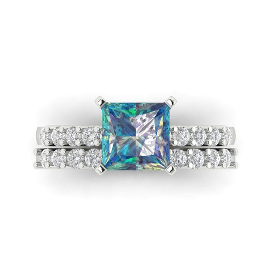 2.63 cttw Princess Cut Blue Moissanite Bridal Set - Solid White Gold Engagement Ring & Wedding Band