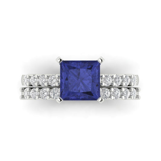 2.63 cttw Princess Cut Simulated Tanzanite Bridal Set - Solid White Gold Engagement Ring & Wedding Band