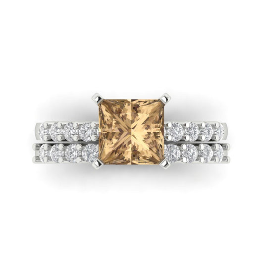 2.63 cttw Princess Cut Simulated Champagne Diamond Bridal Set - Solid White Gold Engagement Ring & Wedding Band
