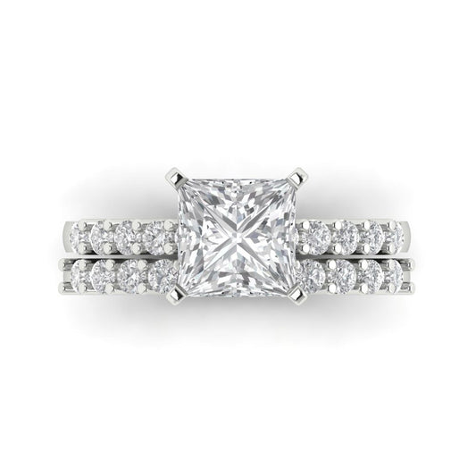 2.63 cttw Princess Cut White Sapphire Bridal Set - Solid White Gold Engagement Ring & Wedding Band