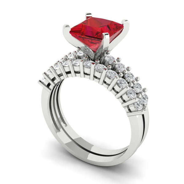 2.66 ct Brilliant Princess Cut Simulated Ruby Stone White Gold Solitaire with Accents Bridal Set