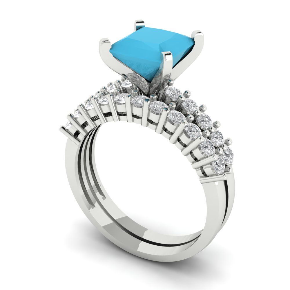 2.63 cttw Princess Cut Simulated Turquoise Bridal Set - Solid White Gold Engagement Ring & Wedding Band