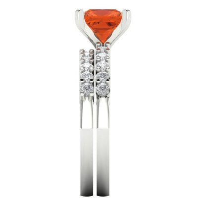 2.63 cttw Princess Cut Simulated Red Diamond Bridal Set - Solid White Gold Engagement Ring & Wedding Band