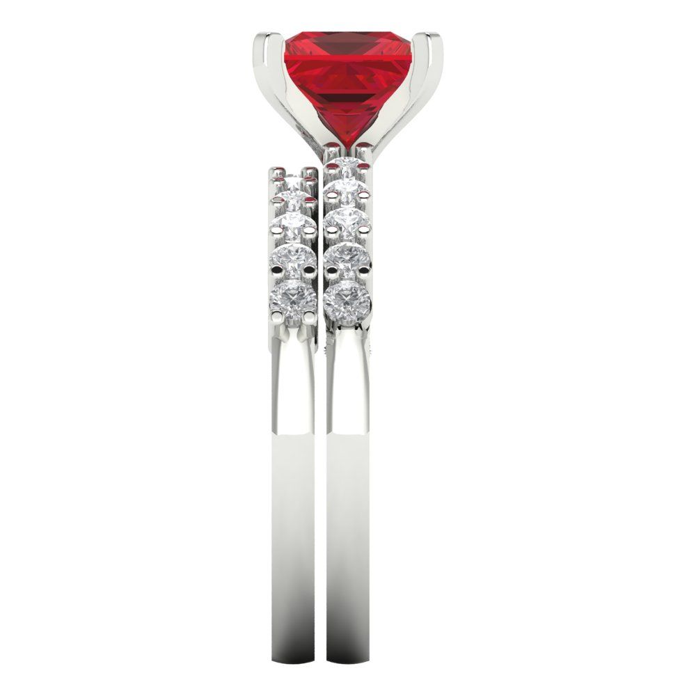 2.63 cttw Princess Cut Simulated Ruby Bridal Set - Solid White Gold Engagement Ring & Wedding Band