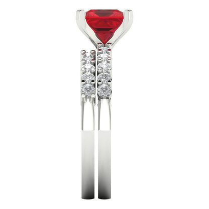 2.63 cttw Princess Cut Simulated Ruby Bridal Set - Solid White Gold Engagement Ring & Wedding Band