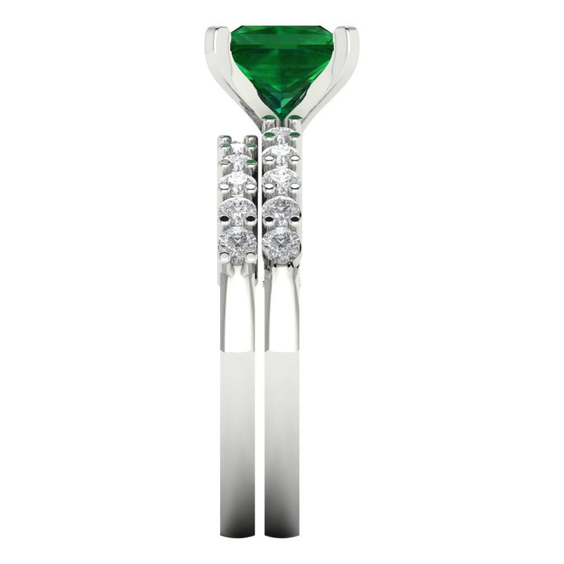 2.66 ct Brilliant Princess Cut Simulated Emerald Stone White Gold Solitaire with Accents Bridal Set