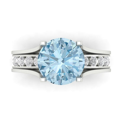 3.39 cttw Round Cut Natural Swiss Blue Topaz Bridal Set - Solid White Gold Engagement Ring & Wedding Band
