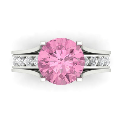 3.39 cttw Round Cut Simulated Pink Diamond Bridal Set - Solid White Gold Engagement Ring & Wedding Band