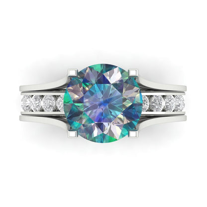 3.39 cttw Round Cut Blue Moissanite Bridal Set - Solid White Gold Engagement Ring & Wedding Band