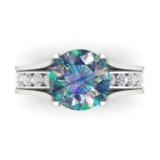 3.39 cttw Round Cut Blue Moissanite Bridal Set - Solid White Gold Engagement Ring & Wedding Band