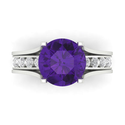 3.39 cttw Round Cut Natural Amethyst Bridal Set - Solid White Gold Engagement Ring & Wedding Band