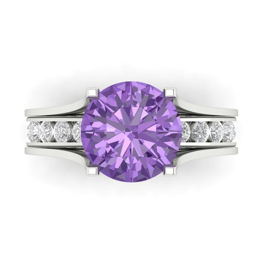 3.39 cttw Round Cut Simulated Alexandrite Bridal Set - Solid White Gold Engagement Ring & Wedding Band