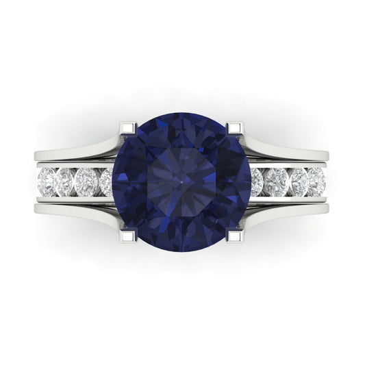 3.39 cttw Round Cut Simulated Blue Sapphire Bridal Set - Solid White Gold Engagement Ring & Wedding Band
