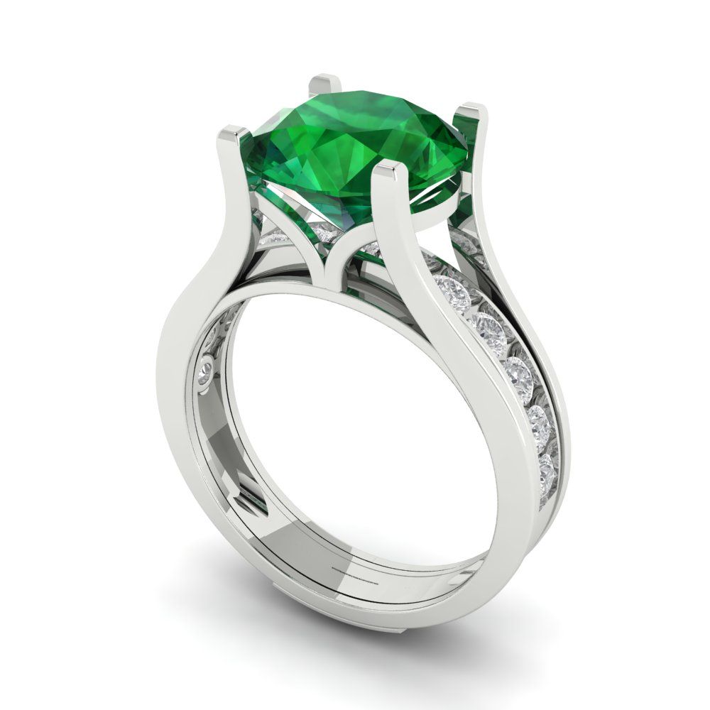 3.39 cttw Round Cut Simulated Emerald Bridal Set - Solid White Gold Engagement Ring & Wedding Band