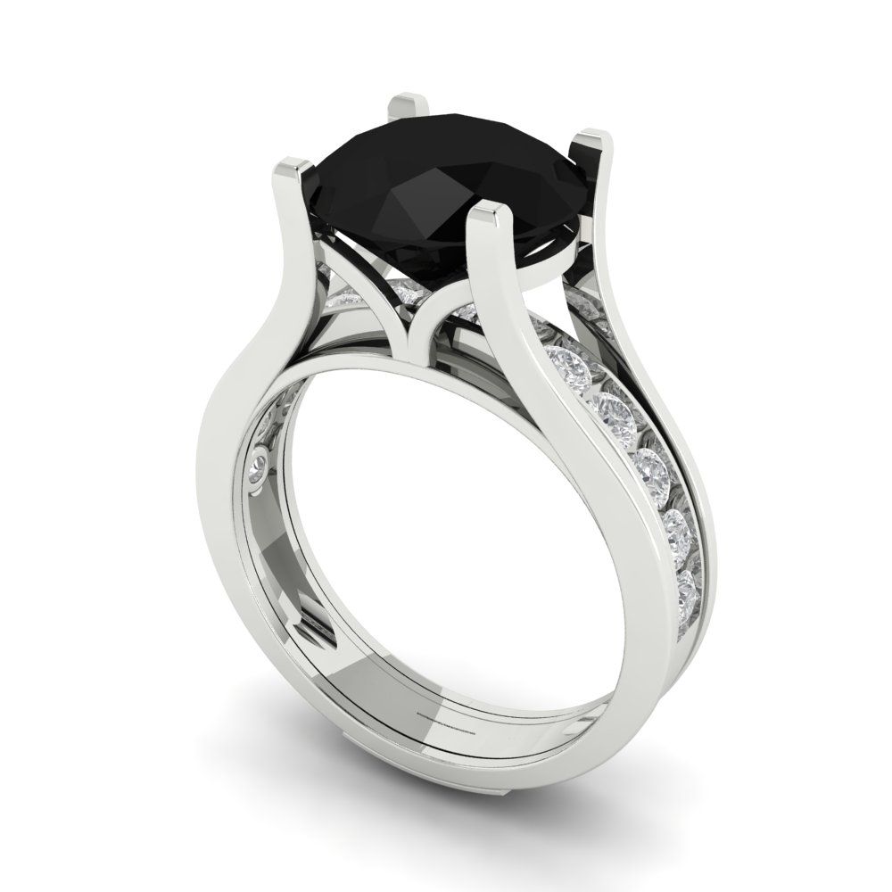 3.39 cttw Round Cut Natural Onyx Bridal Set - Solid White Gold Engagement Ring & Wedding Band
