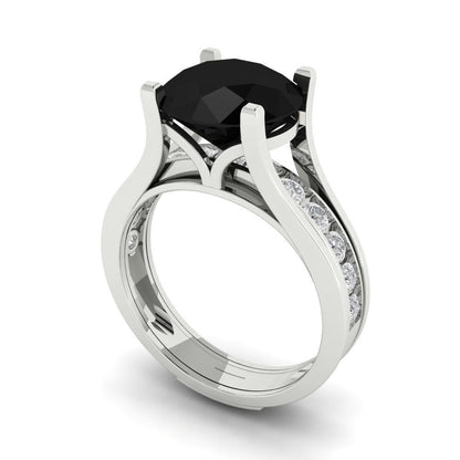 3.39 cttw Round Cut Natural Onyx Bridal Set - Solid White Gold Engagement Ring & Wedding Band