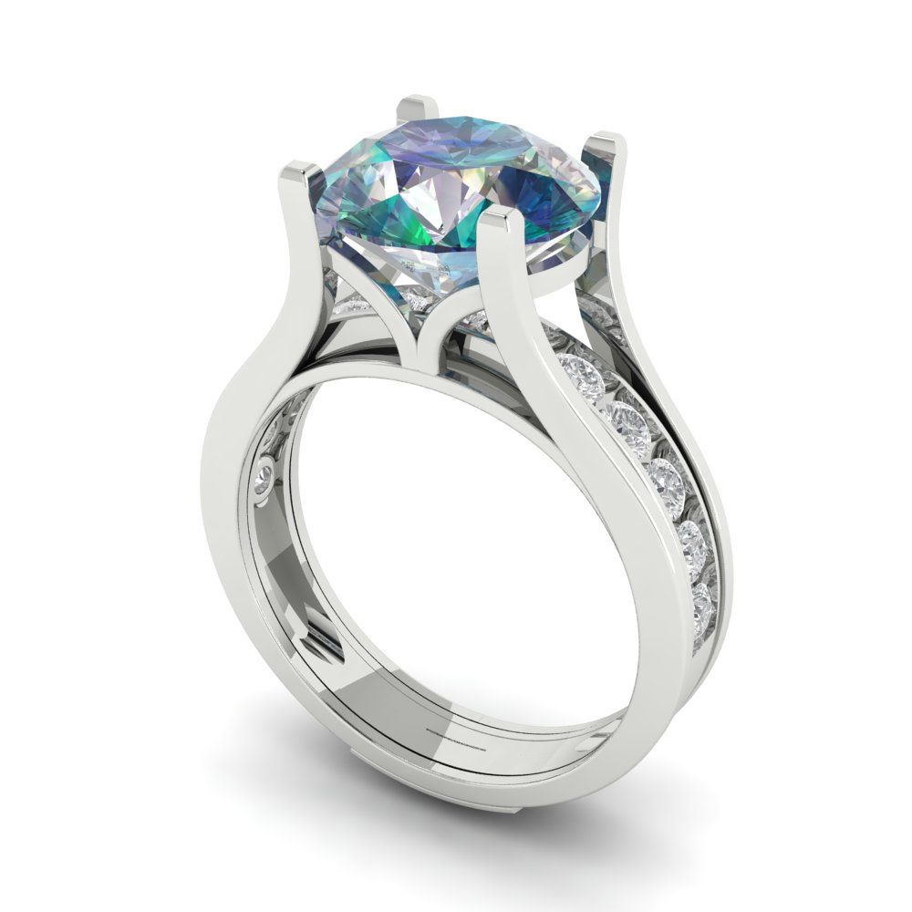 3.39 cttw Round Cut Blue Moissanite Bridal Set - Solid White Gold Engagement Ring & Wedding Band