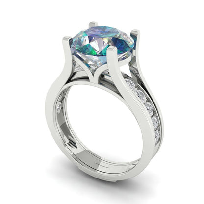 3.39 cttw Round Cut Blue Moissanite Bridal Set - Solid White Gold Engagement Ring & Wedding Band