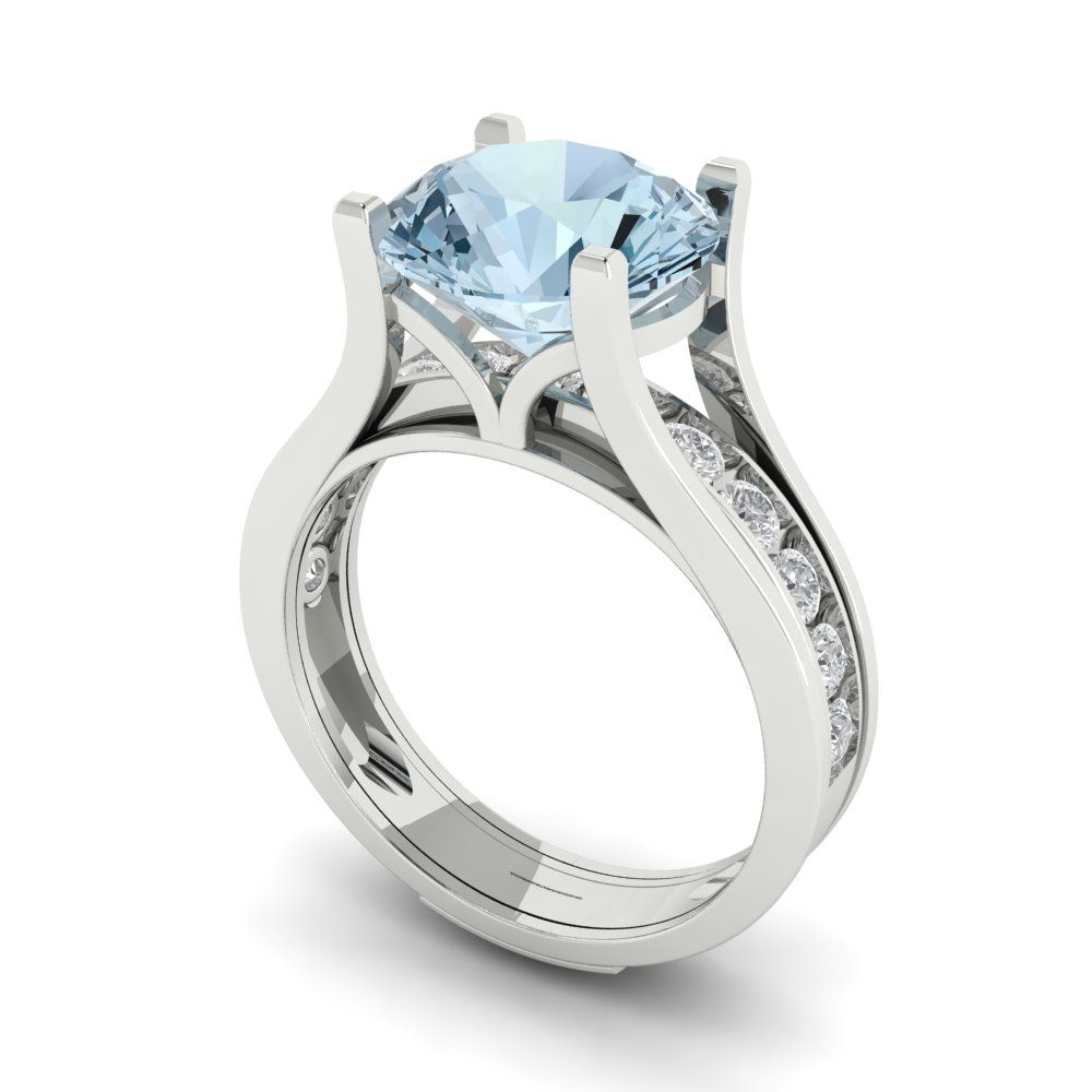 3.39 cttw Round Cut Natural Swiss Blue Topaz Bridal Set - Solid White Gold Engagement Ring & Wedding Band