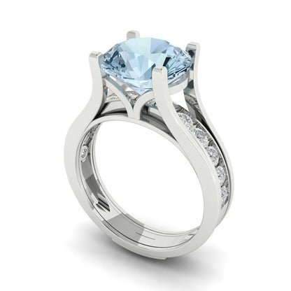 3.39 cttw Round Cut Natural Swiss Blue Topaz Bridal Set - Solid White Gold Engagement Ring & Wedding Band