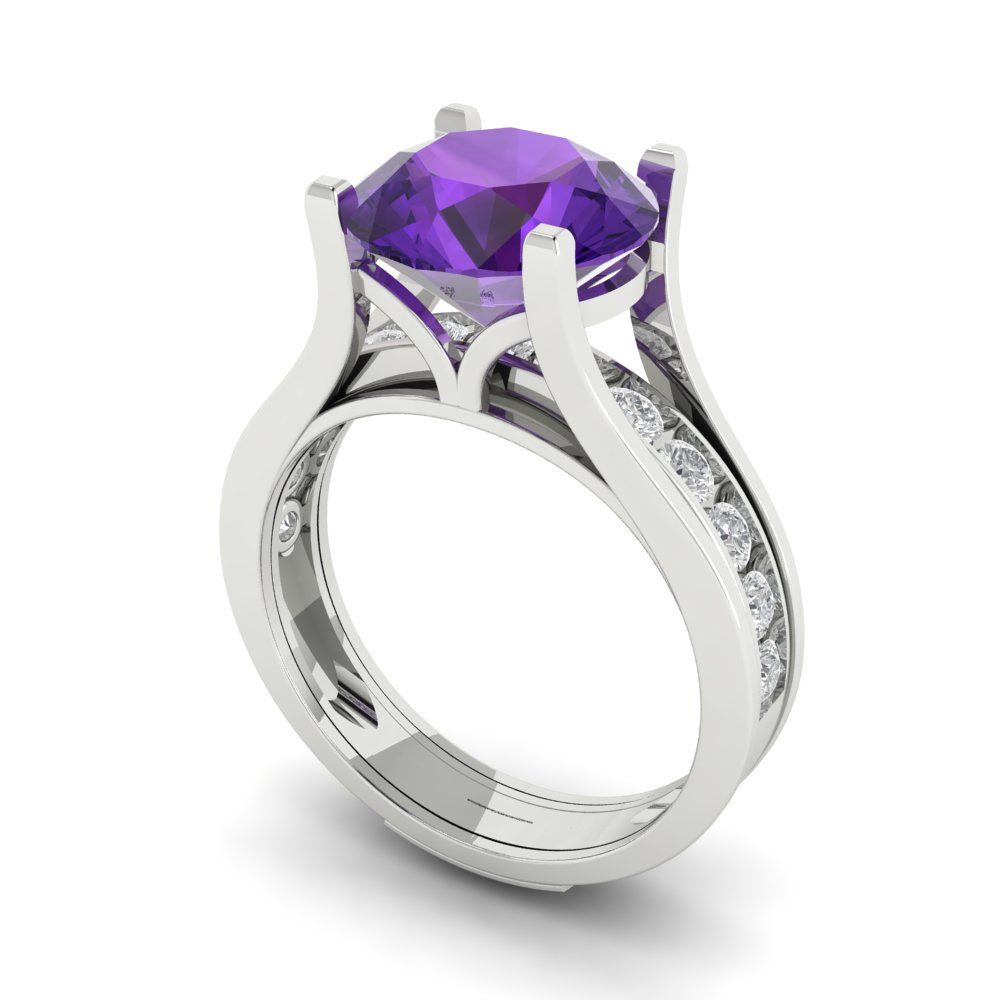 3.39 cttw Round Cut Natural Amethyst Bridal Set - Solid White Gold Engagement Ring & Wedding Band