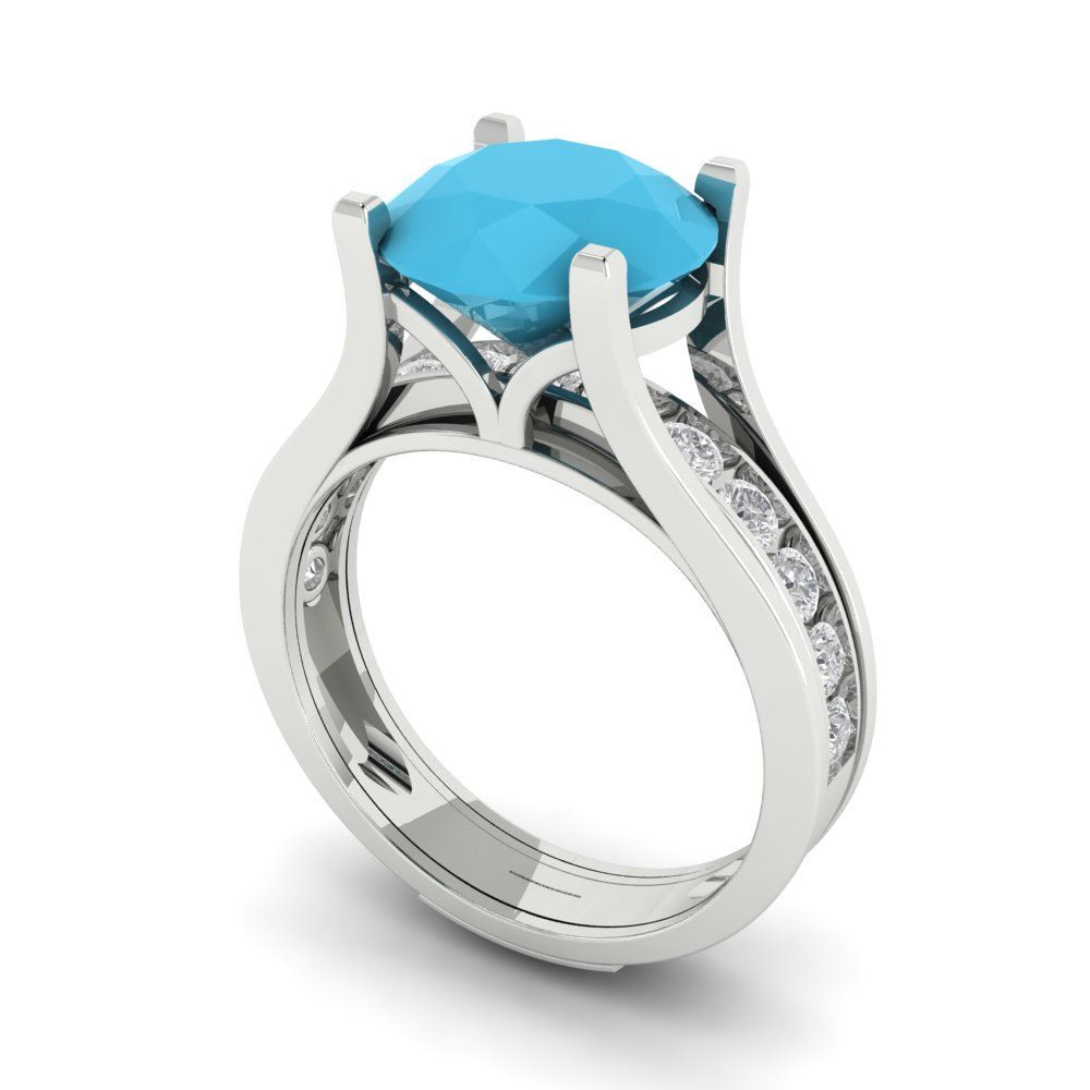 3.39 cttw Round Cut Simulated Turquoise Bridal Set - Solid White Gold Engagement Ring & Wedding Band