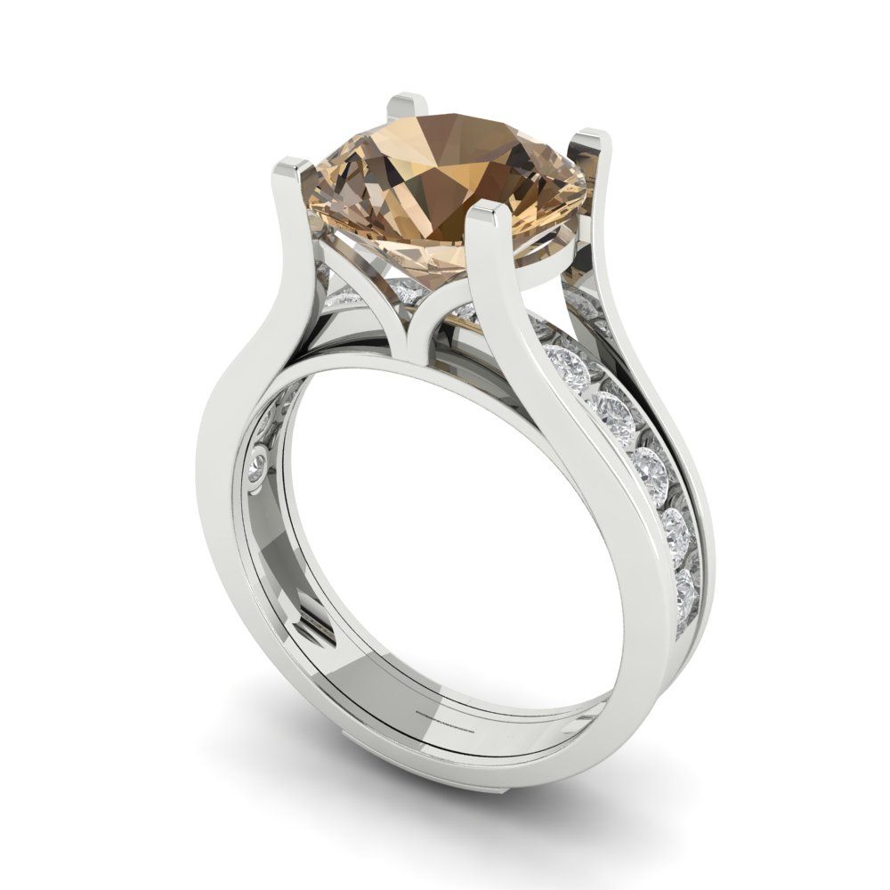 3.39 cttw Round Cut Simulated Champagne Diamond Bridal Set - Solid White Gold Engagement Ring & Wedding Band