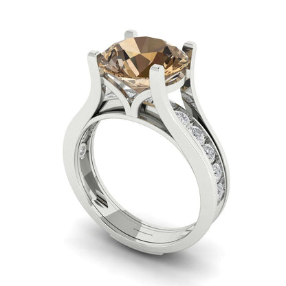 3.39 cttw Round Cut Simulated Champagne Diamond Bridal Set - Solid White Gold Engagement Ring & Wedding Band