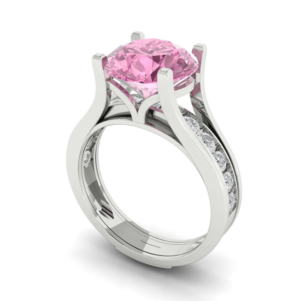 3.39 cttw Round Cut Simulated Pink Diamond Bridal Set - Solid White Gold Engagement Ring & Wedding Band