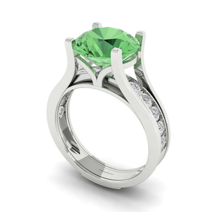 3.39 cttw Round Cut Simulated Green Diamond Bridal Set - Solid White Gold Engagement Ring & Wedding Band