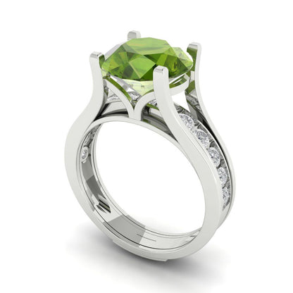 3.39 cttw Round Cut Natural Peridot Bridal Set - Solid White Gold Engagement Ring & Wedding Band