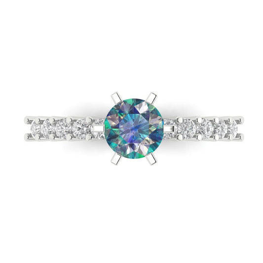 1.05 cttw Blue Moissanite Solitaire with Zirconia Simulated Diamond Accents Engagement Ring - Solid White Gold (VVS1, Round Cut,6.0mm)