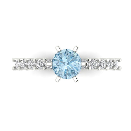 1.05 cttw Natural Aquamarine Solitaire with Zirconia Simulated Diamond Accents Engagement Ring - Solid White Gold (VVS1, Round Cut,6.0mm)