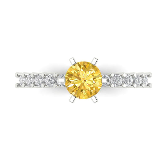 1.05 cttw Zirconia Simulated Yellow Diamond Solitaire with Zirconia Simulated Diamond Accents Engagement Ring - Solid White Gold (VVS1, Round Cut,6.0mm)