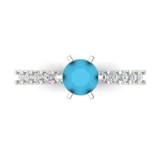 1.05 cttw Simulated Turquoise Solitaire with Zirconia Simulated Diamond Accents Engagement Ring - Solid White Gold (VVS1, Round Cut,6.0mm)