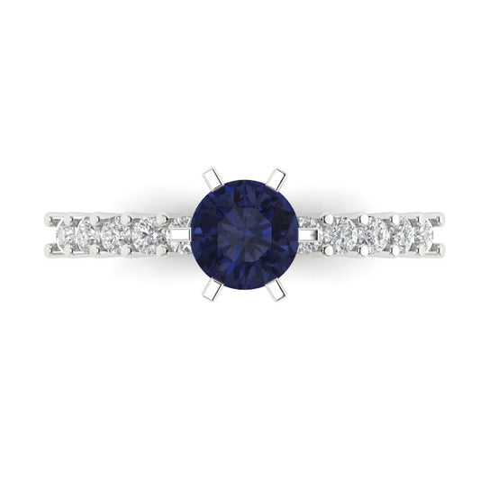 1.05 cttw Simulated Blue Sapphire Solitaire with Zirconia Simulated Diamond Accents Engagement Ring - Solid White Gold (VVS1, Round Cut,6.0mm)