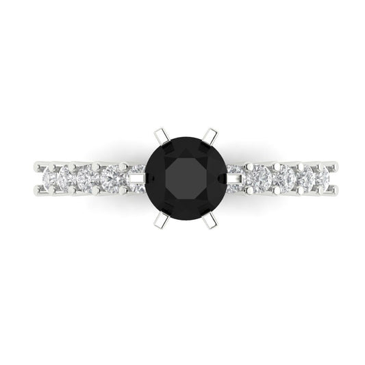 1.05 cttw Natural Onyx Solitaire with Zirconia Simulated Diamond Accents Engagement Ring - Solid White Gold (VVS1, Round Cut,6.0mm)
