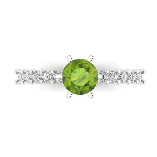 1.05 cttw Natural Peridot Solitaire with Zirconia Simulated Diamond Accents Engagement Ring - Solid White Gold (VVS1, Round Cut,6.0mm)