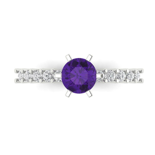 1.05 cttw Natural Amethyst Solitaire with Zirconia Simulated Diamond Accents Engagement Ring - Solid White Gold (VVS1, Round Cut,6.0mm)