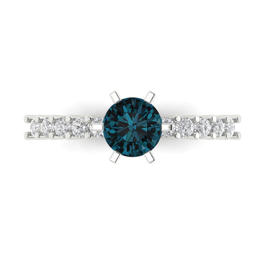 1.05 cttw Natural London Blue Topaz Solitaire with Zirconia Simulated Diamond Accents Engagement Ring - Solid White Gold (VVS1, Round Cut,6.0mm)