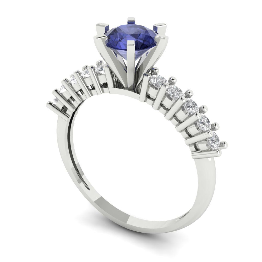 1.05 cttw Simulated Tanzanite Solitaire with Zirconia Simulated Diamond Accents Engagement Ring - Solid Gold (Round Cut,6.0mm)