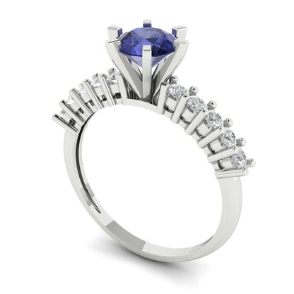 1.05 cttw Simulated Tanzanite Solitaire with Zirconia Simulated Diamond Accents Engagement Ring - Solid Gold (Round Cut,6.0mm)