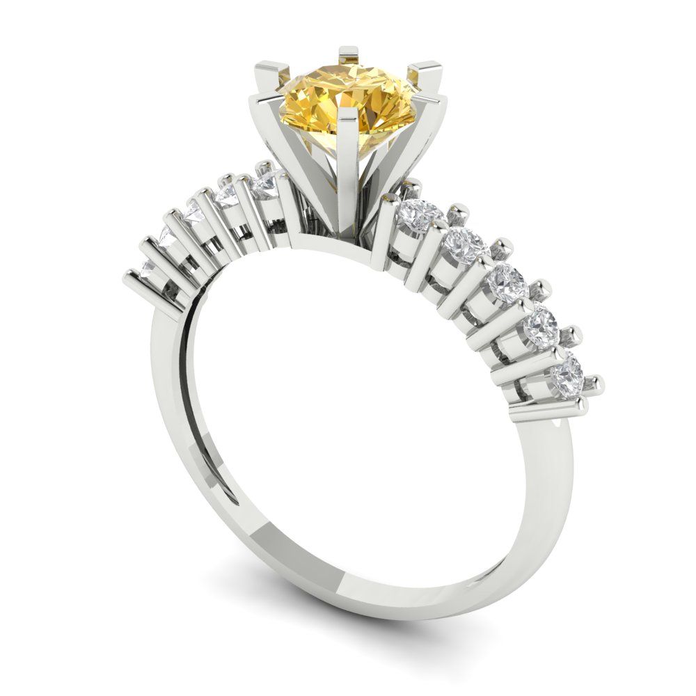 1.05 cttw Zirconia Simulated Yellow Diamond Solitaire with Zirconia Simulated Diamond Accents Engagement Ring - Solid Gold (VVS1, Round Cut,6.0mm)