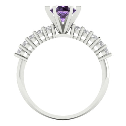 1.05 cttw Simulated Alexandrite Solitaire with Zirconia Simulated Diamond Accents Engagement Ring - Solid Gold (Round Cut,6.0mm)