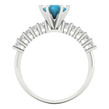 1.05 cttw Simulated Turquoise Solitaire with Zirconia Simulated Diamond Accents Engagement Ring - Solid Gold (Round Cut,6.0mm)