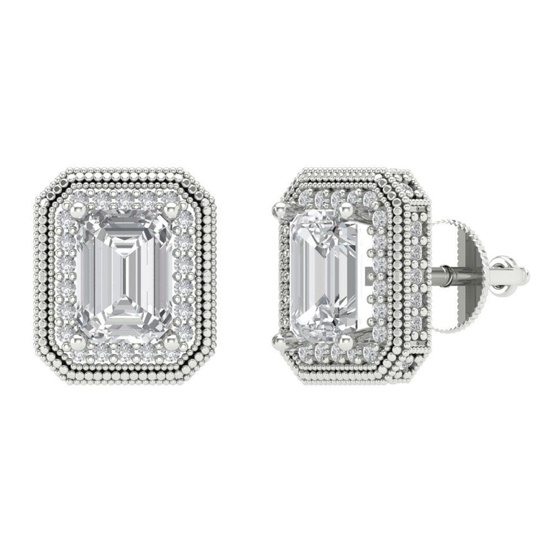3.46 ct Brilliant Emerald Cut Halo Studs Natural Diamond Stone Clarity SI1-2 Color G-H White Gold Earrings Screw back
