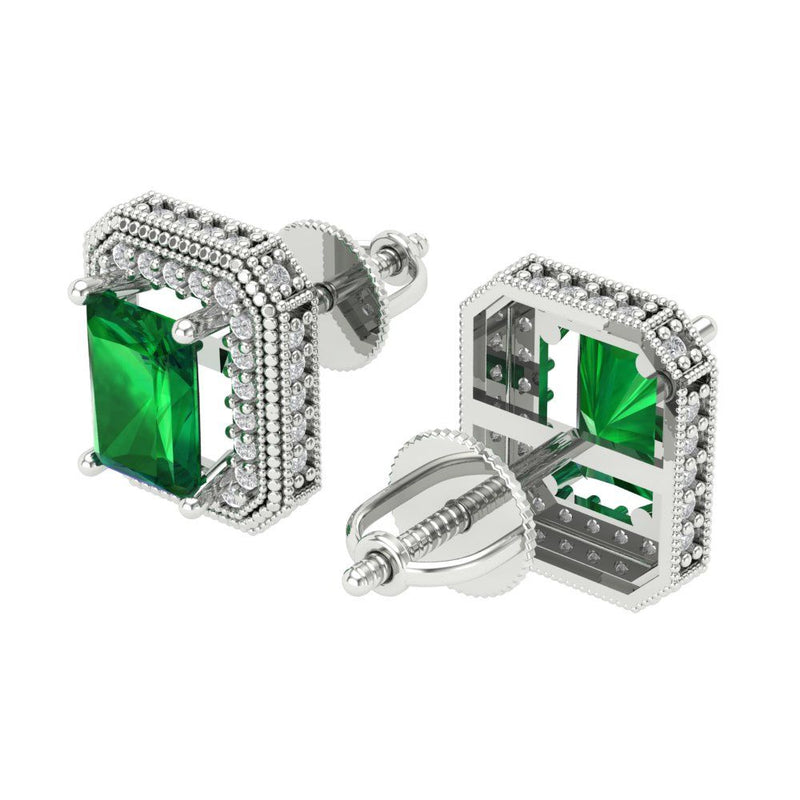 2.44 ct Brilliant Emerald Cut Halo Studs Simulated Emerald Stone White Gold Earrings Screw back